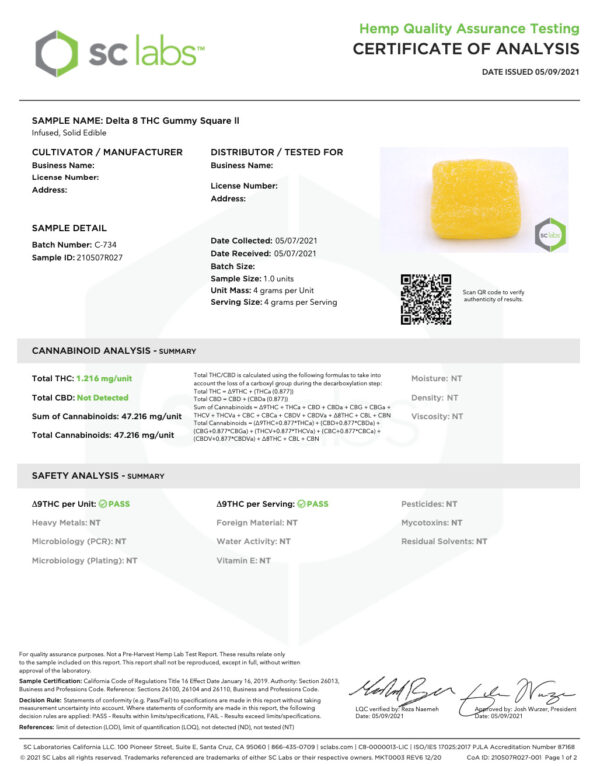 50 mg Delta 8 Gummies Lemon Flavor Certificate of Analysis